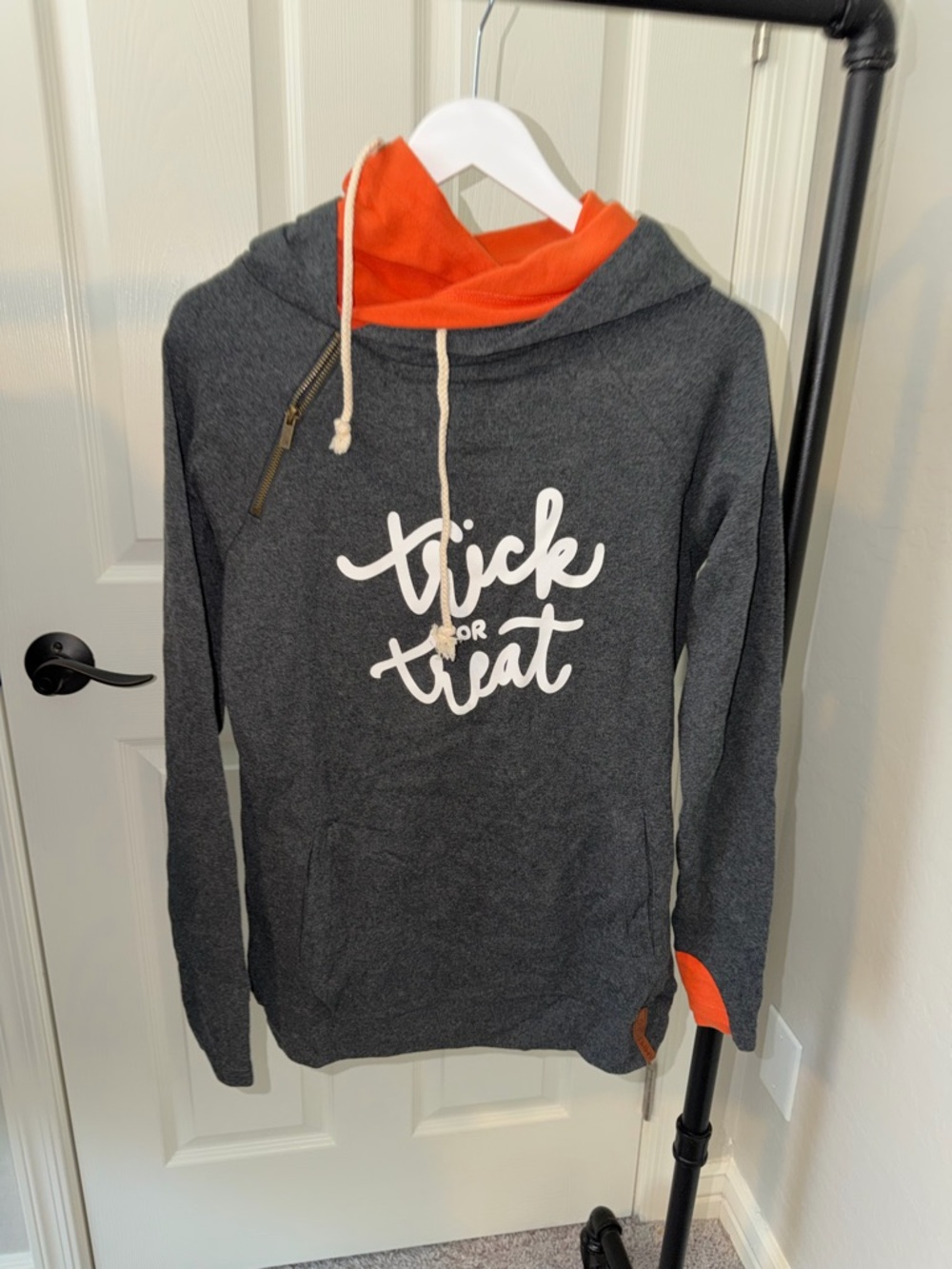 AMPERSAND AVE Charcoal Hoodie with Orange Lining "Trick or Treat"